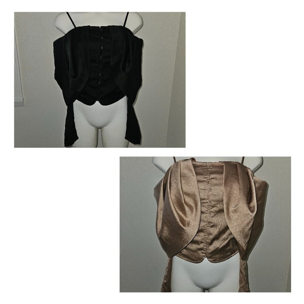 2 Guess Yessica Top Lot Black Brown Off Cold Shoulder Adjustable Straps Size XS